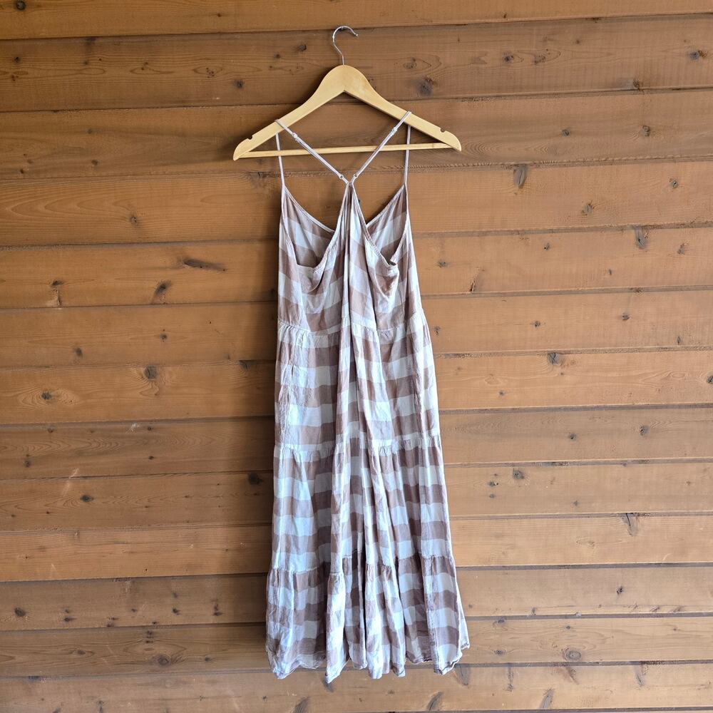 Gap Cami Dress Beige Gingham Linen Blend Button Down Beige Tank Top Boho Flowy - Picture 4 of 6